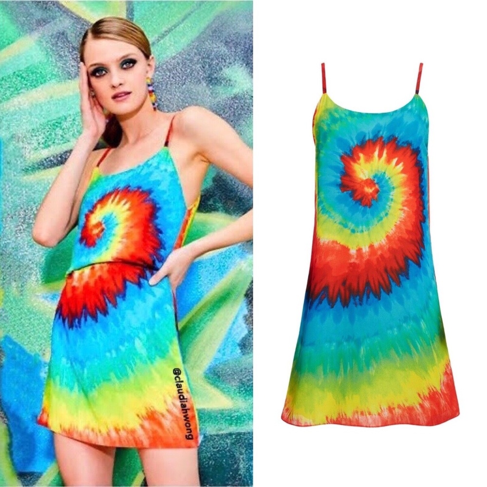 New ALICE + OLIVIA Emmie Rainbow Tie Dye Mini Slip Dress